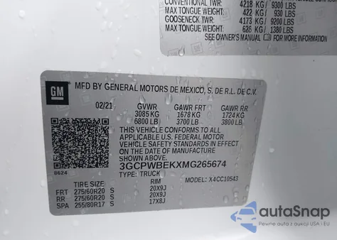 2021 Chevrolet Silverado 1500 2Wd Short Bed Custom z USA, uszkodzony, nr VIN 3GCPWBEKXMG265674